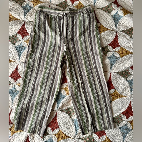 Classic Elements green, brown, and cream striped boho cotton capri pants Size 10 - Picture 1 of 4